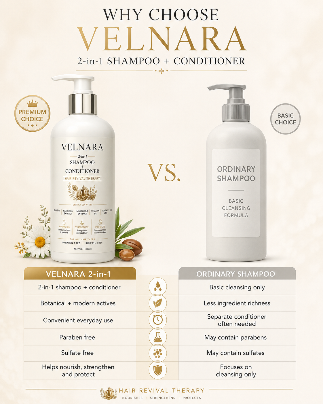 VELNARA 2-in-1 Shampoo and Conditioner comparison with an ordinary shampoo