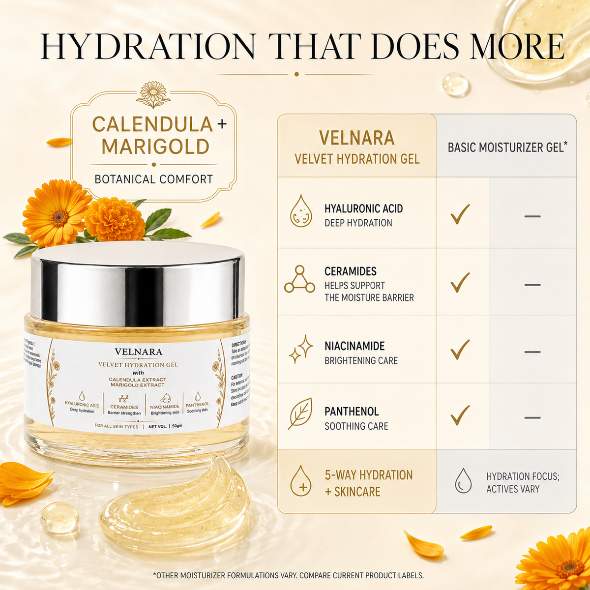 VELNARA hydration formula with Calendula, Marigold and modern skincare actives