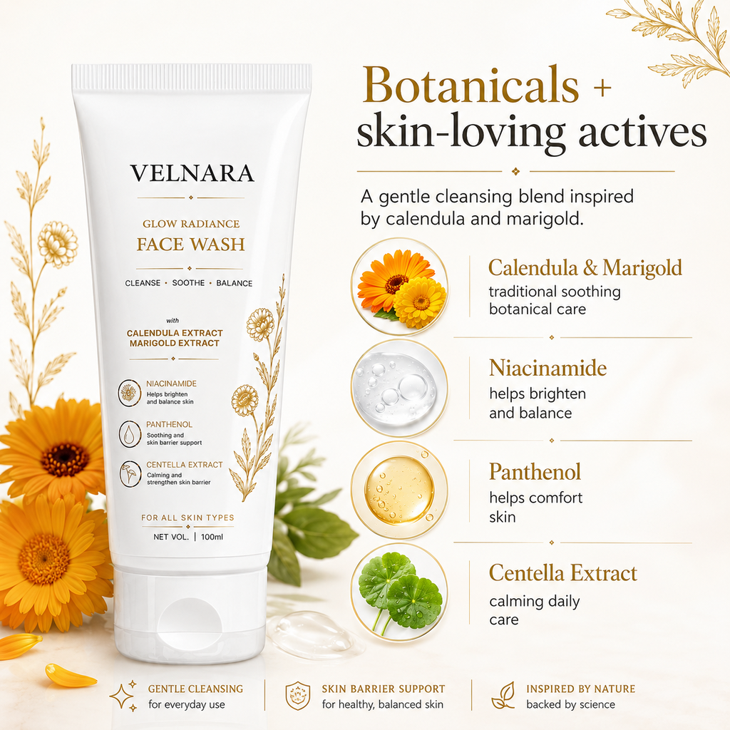 VELNARA Face Wash Calendula, Marigold and skincare actives guide