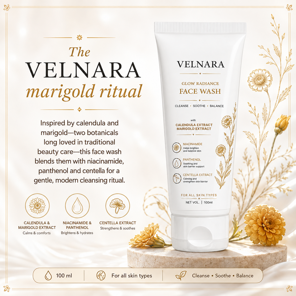 VELNARA Face Wash Marigold and Calendula botanical ritual story