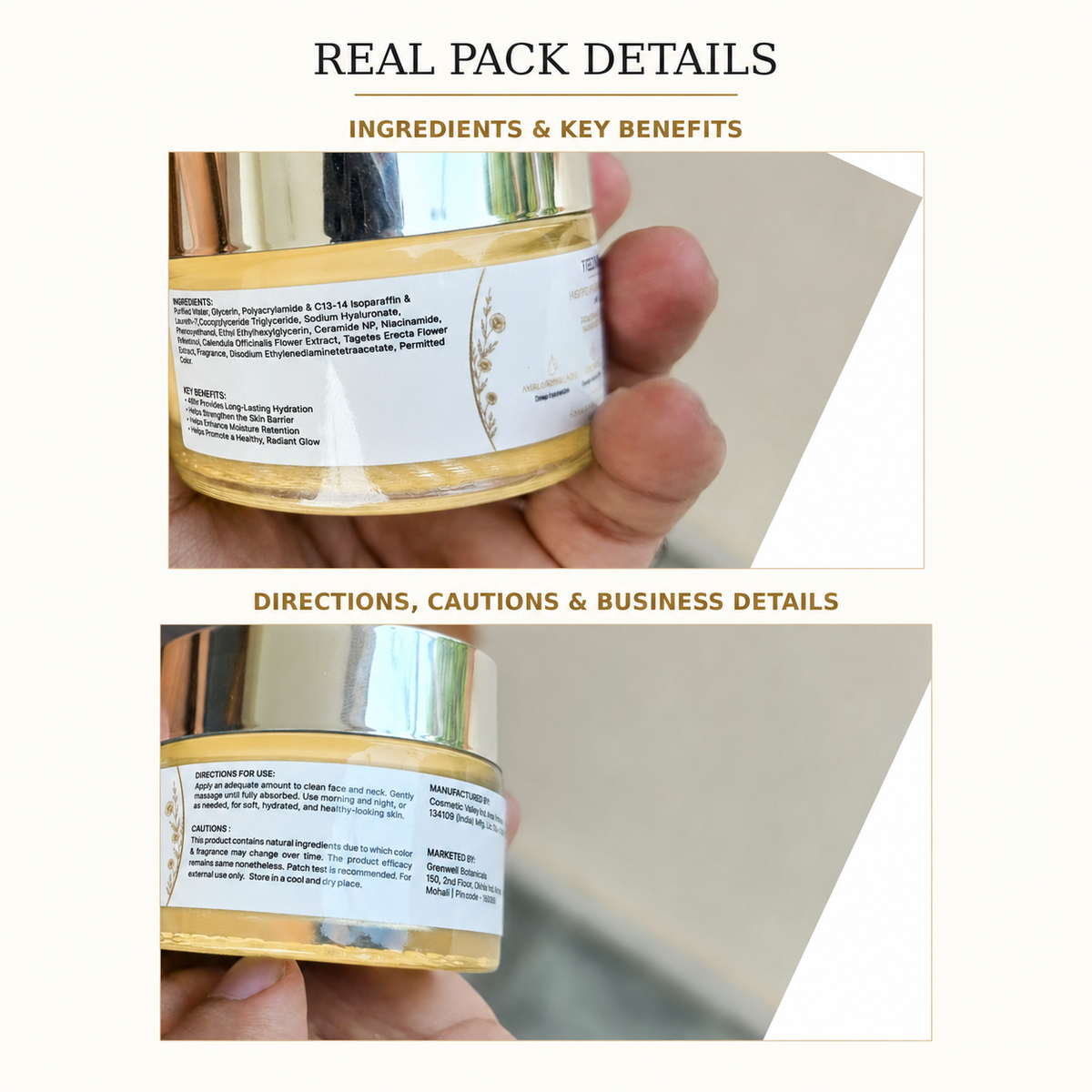 VELNARA Velvet Hydration Gel real pack label, directions and business details