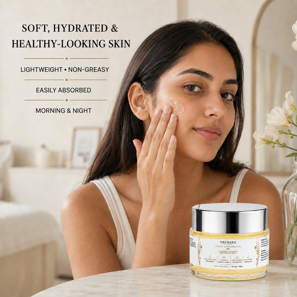 Woman applying VELNARA Velvet Hydration Gel during her skincare routine