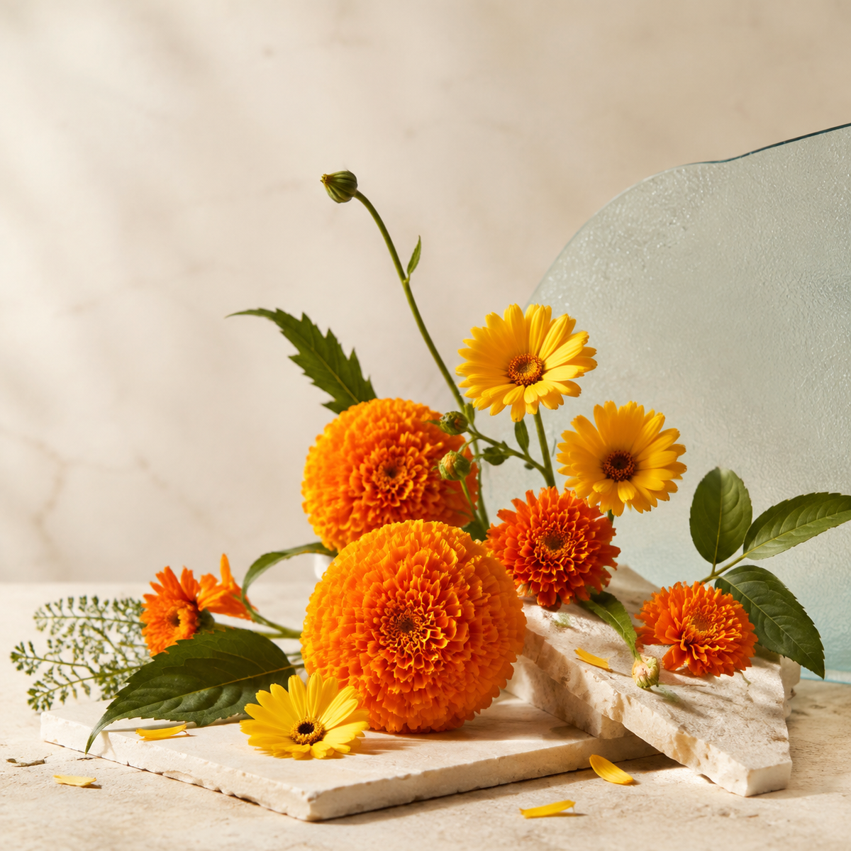 Marigold and Calendula flowers arranged on warm ivory stone
