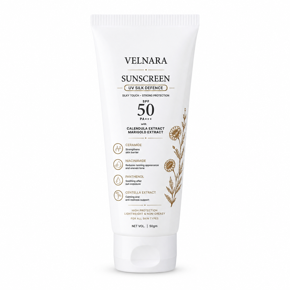 VELNARA SPF 50 PA+++ Sunscreen tube on a clean white background