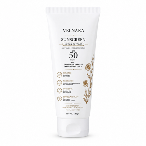 VELNARA SPF 50 PA+++ Sunscreen tube on a clean white background