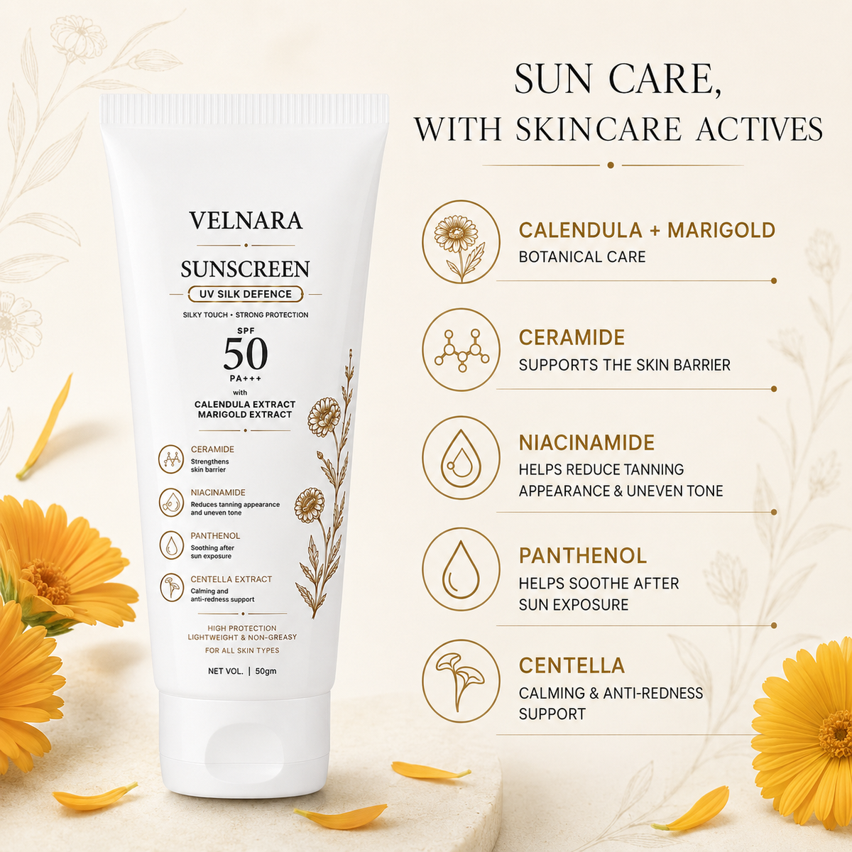 VELNARA sunscreen botanical and skincare actives guide