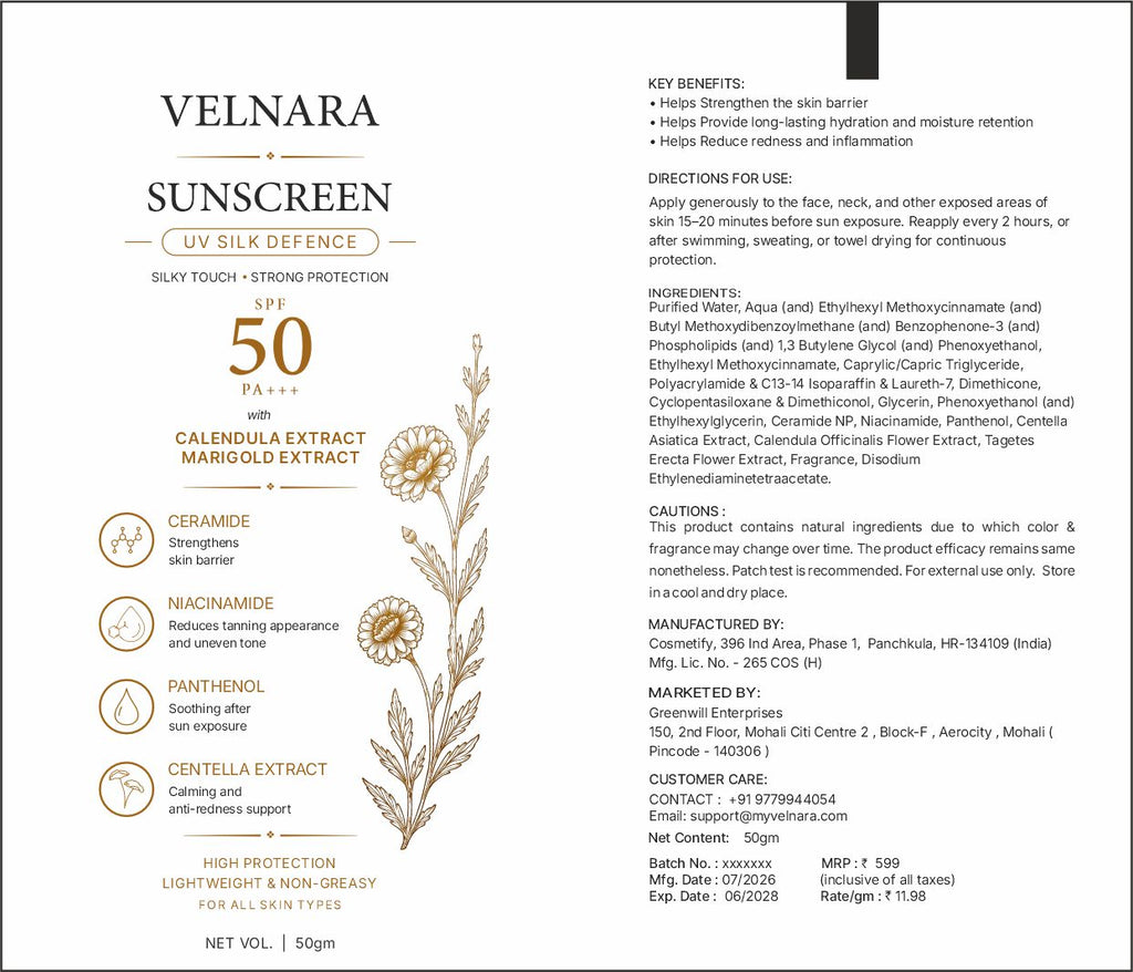 VELNARA SPF 50 PA+++ Sunscreen front and back label details