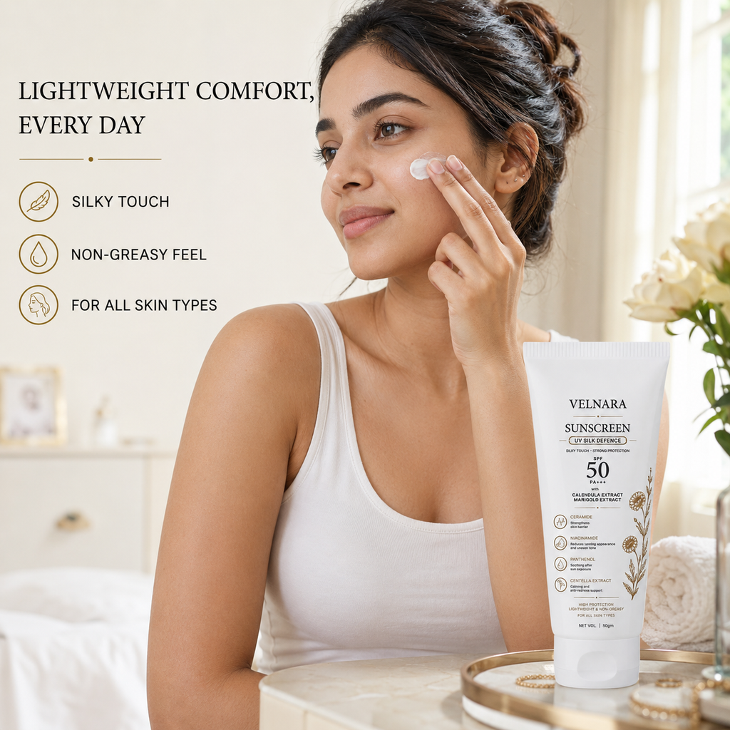 Woman applying VELNARA sunscreen during her morning skincare routine