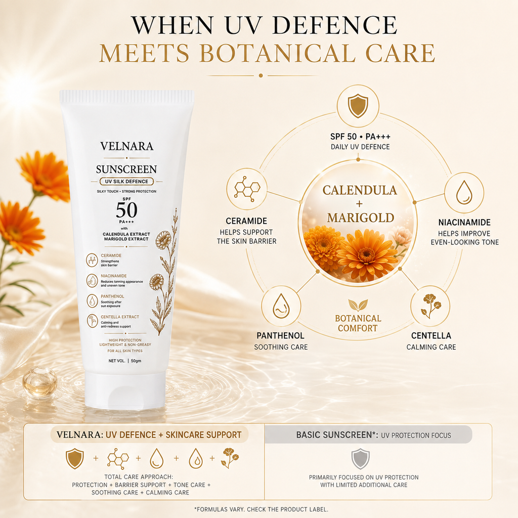 VELNARA sunscreen combining UV defence with Calendula and Marigold botanical care
