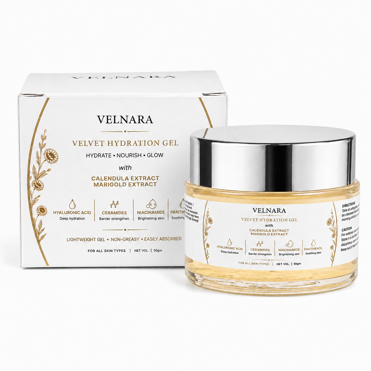 VELNARA Velvet Hydration Gel jar and carton with pale-yellow Calendula gel