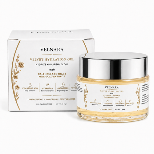 VELNARA Velvet Hydration Gel jar and carton with pale-yellow Calendula gel