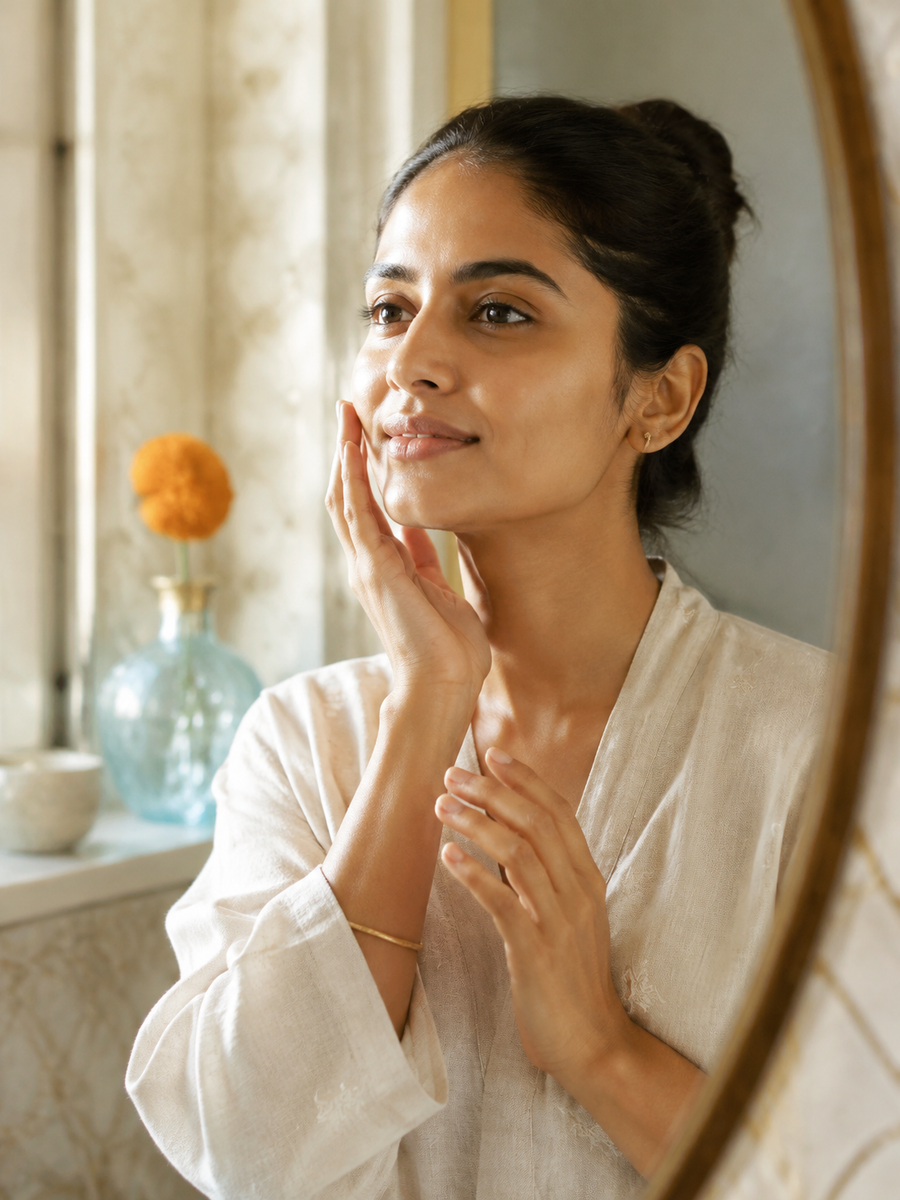 Editorial morning skincare ritual in warm natural light