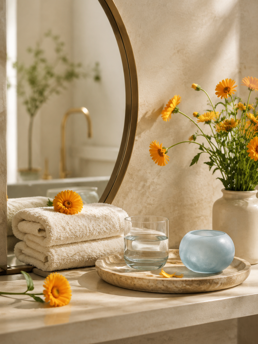 Premium self-care shelf with Marigold flowers and a light blue accent